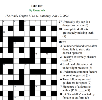Picture of crossword grid, showing the title "Like Us?" and the lines "By Gussalufz" and "The Hindu Cryptic #14,541, Saturday, July 19, 2025", with some clues visible.