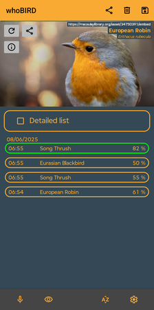 captura de pantalla da aplicación whobird mostrando a foto dun paporubio e a lista de identificacións da sesión actual xunto cos botóns de compartir reiniciar etc