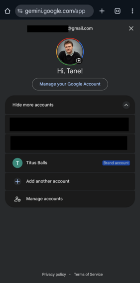 A screenshot of Google Gemini app in the browser showing my account page, with "Titus Balls" brand account that Google claimed was deleted years ago