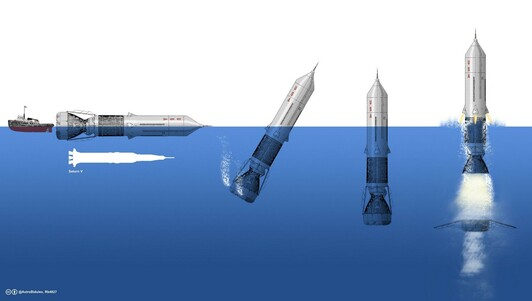 Drawing illustrating the proposed Sea Dragon design for the world's biggest space rocket during the space race.