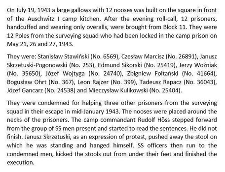A historical document describes an event from July 19, 1943, at Auschwitz I camp, detailing the public hanging of 12 prisoners as a punishment for their escape attempt in January 1943. The document lists the names and numbers of those executed and describes the sequence of events leading to their execution.