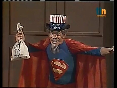 Super Sam (Ramón Valdés) na série cômica de TV mexicana Chapolin. É uma paródia do Tio Sam (homem aparentemente idoso com cabelo e longo cavanhaque grisalhos usando cartola comprida com listras e estrelas da bandeira dos EUA) com fantasia de Superman sempre segurando um saco branco com um cifrão desenhado (cheio de dólares), fazendo pose de herói e sorrindo enquanto exclama seu bordão: time is money!