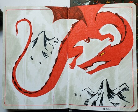 A marker drawing of Smaug in bright red on an aged map background. It's trying to look like that one map of the Lonely Mountain :p