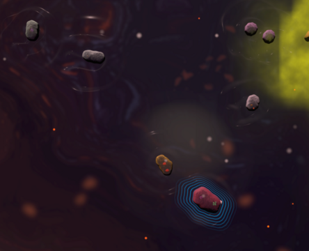 🕶️ A view (@ v. PU 05/31/25) of the distortion effect, with ripples surrounding microbes as they move throughout the world. 

📚️ Thrive is a libre, multi-platform, single-player / multi-player (local/online, competitive) game of great ambition, taking as its theme the evolution of species from the microbe stage to the space age and beyond. The game is divided into 7 stages: Microbe, Multicellular, Aware, Awakening, Society, Industrial and Space. Through each of them, the player will guide his creature towards intelligence, sensitivity and the stars. The project has set itself 2 major objectives: to create a captivating and fascinating game that respects the players' intelligence, and to stick as closely as possible to known scientific theories.