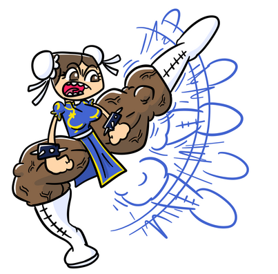 Una Chun Li con el traje clásico del Street Fighter 2, las piernas mazadísimas exageradas y el centro de gravedad extraño.