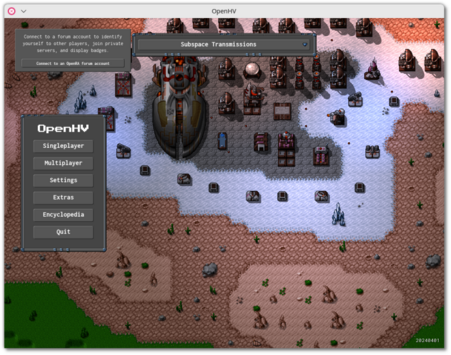 🕶️ A view of its UI at game launch, with its main launch menu, messages, and as background (the interface pans across a game zone) a desert area with its biome and numerous futuristic buildings of varying size.

📚️ OpenHV is a libre and multi-platform, solo (powerful skirmish AI) / multiplayer (LAN and internet) strategy game inspired by Dune 2. It reuses the graphics of the Hard Vacuum project (data liberated) and the OpenRA engine (libre). It has an integrated map editor and is very easy to mod.