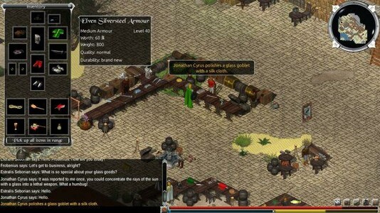 🕶️ A bird's eye view of the game showing a medieval-style market with merchants selling weapons and equipment in a large cobblestone square, and for the interface, an inventory system, a map of the area, a comment area and character status at the bottom

📚️ Illarion is a 2.5D, libre, multi-platform and mature High Fantasy MMORPG, taking place in the eponymous, persistent and open world. It focuses on player interaction and a great freedom of action. The player chooses his race (Human, Orc, Elf, Dwarf, Haflings, Lizards), and is not bound to any class. 16 Gods are worshipped by the citizens of 3 factions led by gamemasters who organize events and quests. A crafting system allows you to make several hundred items. Moreover, the game has a soundtrack associated with each zone, giving it its own atmosphere.