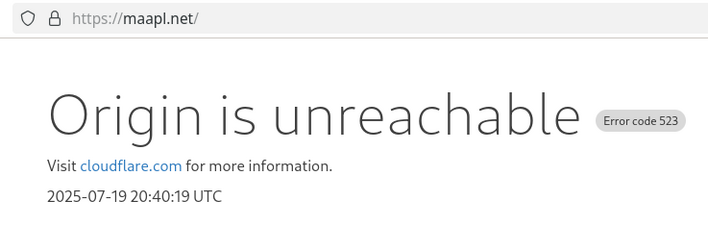 Screenshot of browser trying to access https://maapl.net/ showing "Origin is unreachable" error from Cloudflare