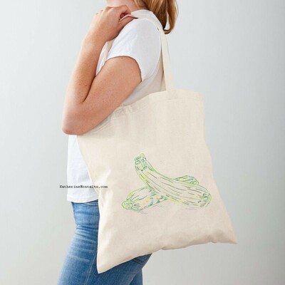 a color pencil illustration of two zucchini printed on a tote bag