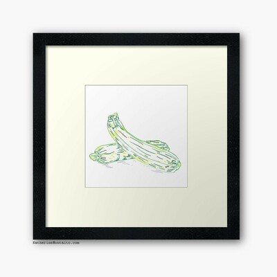 a framed print of a color pencil illustration of two zucchini