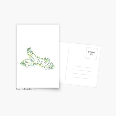 a color pencil illustration of two zucchini printed on a post card