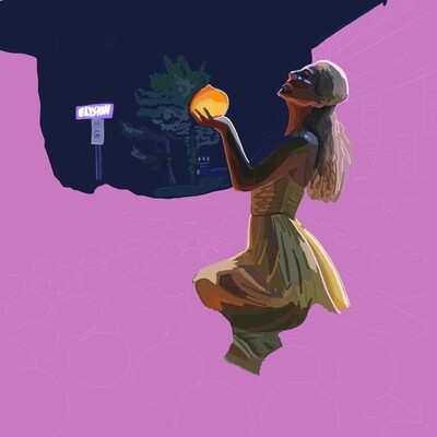 A woman in a yellow dress kneels. She's holding a glowing peach aloft against the night sky. Behind her is a juniper tree and a bus stop. Above the bus stop is a glowing neon sign that reads: Elysium.