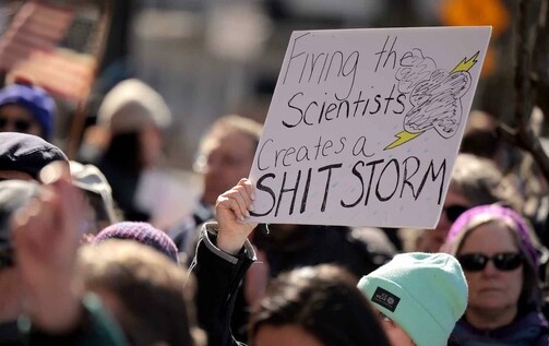 Hundreds of demonstrators gather to protest against Department of Government Efficiency (DOGE) cuts outside the headquarters of the National Oceanic and Atmospheric Administration on March 3, 2025, in Silver Spring, Maryland.