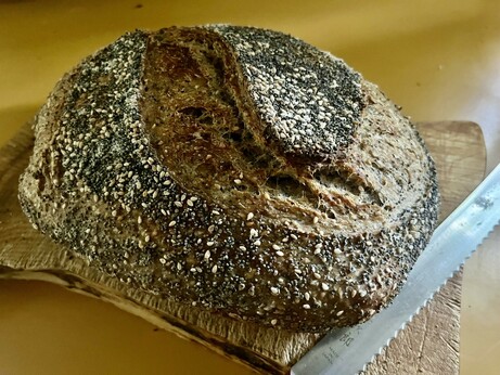 One fresh loaf of seed-covered sourdough bread.
