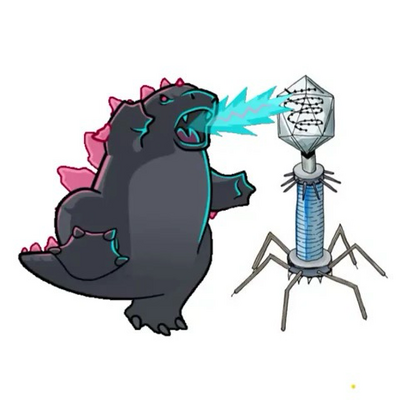 A cartoon godzilla-like character breathes a laser breath toward a giant virus, a bacteriophage.