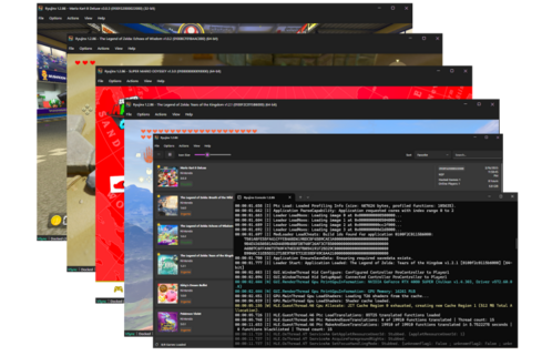 🕶️ Five Ryujinx instances/windows stacked (with a slight offset to reveal their contents) on the screen and 6th window showing a console on top with system messages. The 4 windows below show various games running, the 5th a menu with 4 games ready to be launched.

📚️ Ryujinx is a libre, multi-platform, single-player / multi-player, simple and experimental Nintendo Switch emulator that aims to provide excellent accuracy and performance, a user-friendly interface and consistent constructs. As of May 2024, it has been tested on almost 4,100 commercial titles, of which around 3,550 are considered playable.