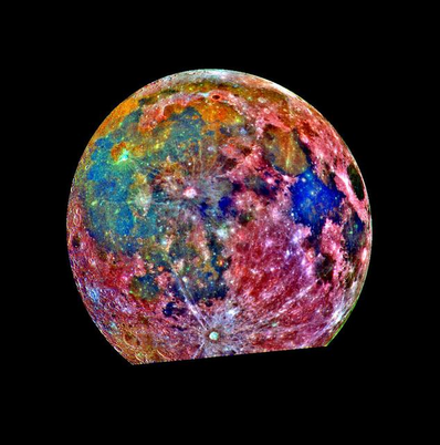 False color image of the moon. The familiar surface of the moon is hued in magenta, blue, yellow, orange, and blues.