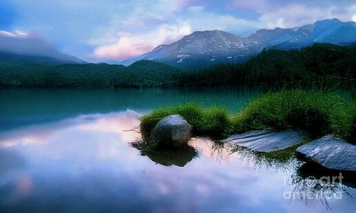 "Appalachian Mountain Lake Sunset Reflections" – A breathtaking late evening scene featuring a serene lake in the Appalachian Mountains, located in Northeast Tennessee. The lake's surface mirrors the vibrant pink and blue hues of the sunset sky, while large rocks and tufts of grass frame the foreground. Snow-dusted mountain peaks rise in the background, completing this tranquil landscape. This creative piece was digitally enhanced with a fine art oil painting overlay. From the Fine Art Gallery of Shelia Hunt.