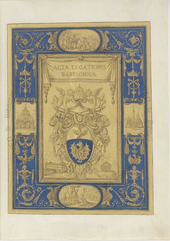 Title page of Barb.lat.2690.  The page is entirely blue and gold, a blue border with alla'antiqua decorations including small scenes of St. peters and st maria maggiore.  The center is a panel of gold with text and elaborate arms