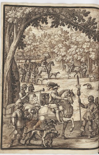 f.1v of Ott.lat.1460.  A ink drawing of the prelude to a hunt, with mounted riders at the bottom and the master of the hunt with some of the hounds at the top, framed with trees.  A small dog is defecating at middle right, depicted very naturalistically