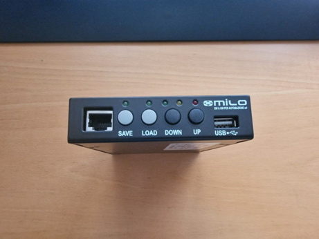 Front Photo of the Milo EMUFDD USB Floppy Drive Emulator, which is a 3,5" external drive with Ethernet, USB & buttons up front and Floppy interface as Ethernet ports as well.
