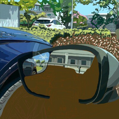 The background is done. It's a mixture of bushes and warehouse walls. There's a white hatchback leaving. Now I've worked on the side mirror, coloring in the medical center's wall.
