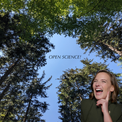 Heidi Seibold laughing against background of tree and Open Science is written in the centre