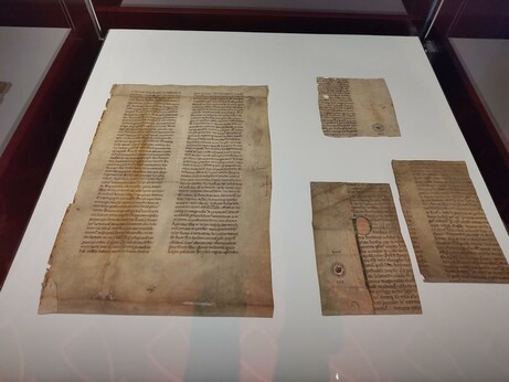 Pages of ancient documents in the "Wikingerdämmerung" exhibition in Schleswig, showing, amongst others, a really big P.