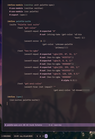 A screenshot of Emacs, with me editing a veritas unit test for SSS (Supreme Sexp System)