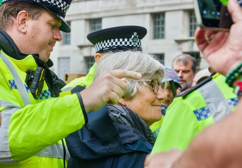 An older woman with grey hair and glasses has her collar felt by the fuzz for brazen extremism.