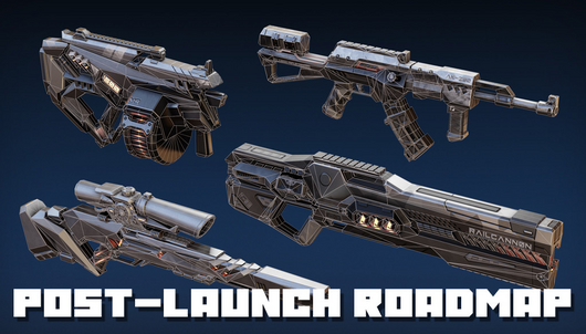 A collage of weapons with polygonal overlays as if they're being synthesized in a holodeck; "post-launch roadmap" text.