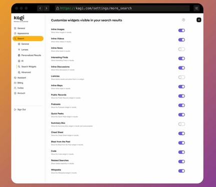 Screenshot of Kagi Search settings page showing the "Search Widgets" section. The page displays a list of customizable search result widgets including Inline Images, Inline Videos, Inline News, Interesting Finds, Inline Discussions, Listicles, Inline Maps, Public Records, Podcasts, Quick Peeks, Summary Box, Cheat Sheet, Blast from the Past, Code, Related Searches, and Wikipedia. Each widget has a toggle switch on the right side, with most widgets enabled (purple switches) and a few disabled (gray switches). The left sidebar shows various settings categories with "Search Widgets" currently selected and highlighted in orange.