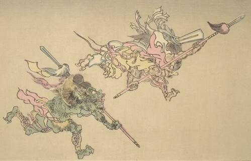 At right, a monster grips a feathered spear. An ogre follows, wearing a nobleman’s cap (eboshi) and carrying a similar spear. Artwork by Kawanable Kyōsai, courtesy of Public Domain Image Archive. Image downloaded from https://pdimagearchive.org/images/c30834d1-6fe1-48ed-bb7c-dda575eb0488/