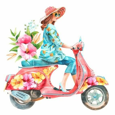 Whimsical artwork of a woman riding a pink scooter with a Hawaiian shirt on and a straw sun hat and sunglasses