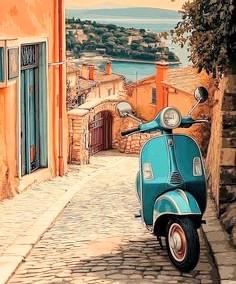 A painting of A parked blue scooter on a beautiful cobblestone street