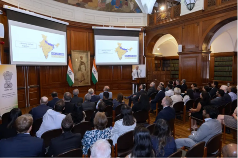 Photo of Professor Andy Tatem speaking at the India High Commission, London