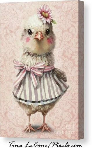 This is a vintage style canvas of a sweet little chicken peep dressed in a pink and white striped dress with a daisy flower on it's head against a pink and white vintage floral background.