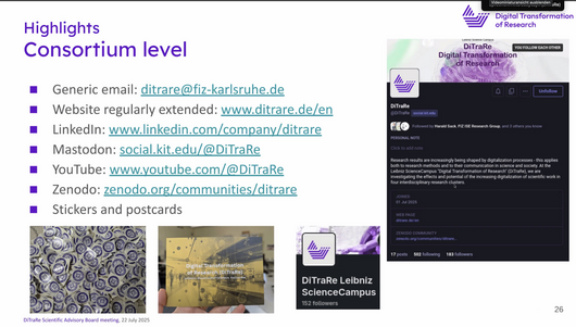 Slide showing some progress on the side for the DiTraRe project, as e.g. new generic email, website address, LinkedIn & Mastodon accounts, our new youtube account, our Zenodo repository and more merchandise like stickers and postcards... :)