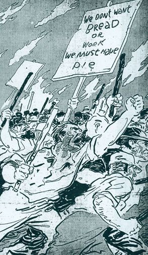 Illustration from the St. Louis Republic newspaper depicting one of the marches during the 1877 St. Louis General Strike. The St. Louis Republic rendered the strikers as greedy and ruthless. 

one person is holding up a sign that reads: »We don't want Bread or Work, we must have Pie

By Unknown author – http://mohistory.org/blog/the-1877-st-louis-general-strike/, Public Domain, https://commons.wikimedia.org/w/index.php?curid=69482212