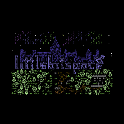 Arising from woodland scrub and a small farmer's plot emerges the contours of a castle's walls and towers, behind the name of the artist littlebitspace, spelled out architecturally.  Behind it all the night sky twinkles with stars and glows with clouds charged with faint mystical energy.
