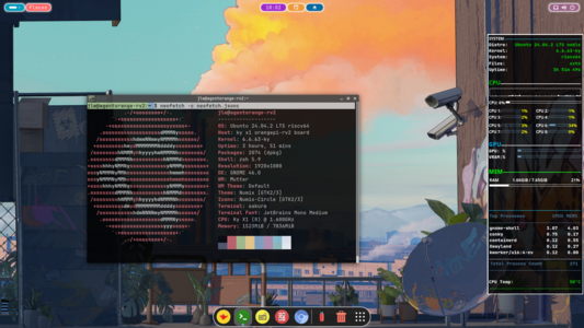 Gnome DE running on a risc-v sbc. Terminal window open with Fastfetch info and a Conky window opened on the far right side with it's respective info displayed.