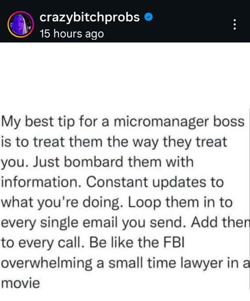 crazybitchprobs

My best tip for a micromanager boss is to treat them the way they treat you. Just bombard them with information. Constant updates to what you're doing. Loop them in to every single email you send. Add then to every call. Be like the FBI overwhelming a small time lawyer in a movie