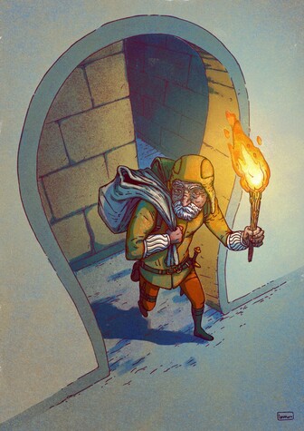 Illustration of a dungeon looter holding a torch, walking through corridors