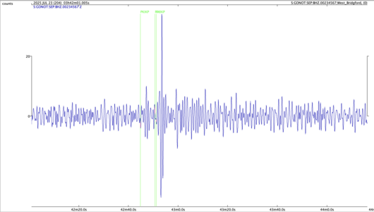Seismogram showing P-wave arrivals just before 03.24 UTC