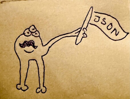 another this time hand drawn json mascot with three big eyes two legs with each two toes and a three fingered arm holding a pointy flag with JSON written on it.