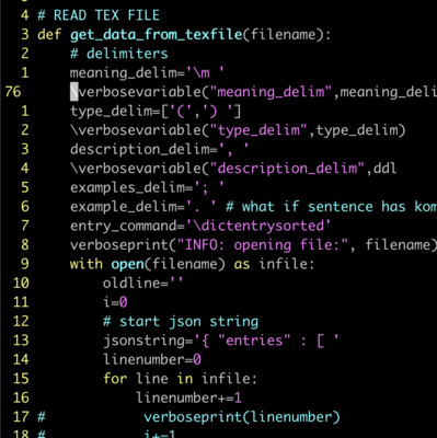 some code of reading a tex file and defining delimiters for different word categories. I'm confused and mix latex and python3 together and add latex syntax to python3 code