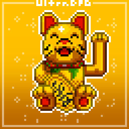 Pixel art of a golden Japanese lucky cat.