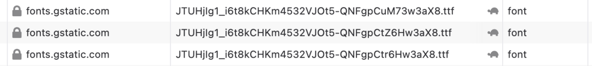 Network response times for font files hosted at fonts.gstatic.com, showing a tortoise icon.