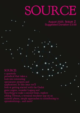 A cover image for SOURCE Issue 2. The heading and some text are in magenta with a black background. Diagonally across the middle is a complex looking graph which is a screenshot from Logseq. The bottom left corner has a triangle of text which contains info about the magazine content.