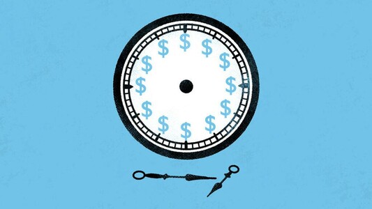 illustration of a clock with dollar signs for hours and clock hands that have fallen off, lying beneath the face on a blue background